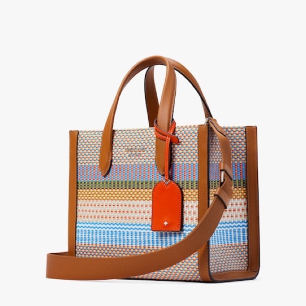 kate spade Multicolor Woven Stripe Tote with Brown Trim and Orange Tag - Picture 7 of 9